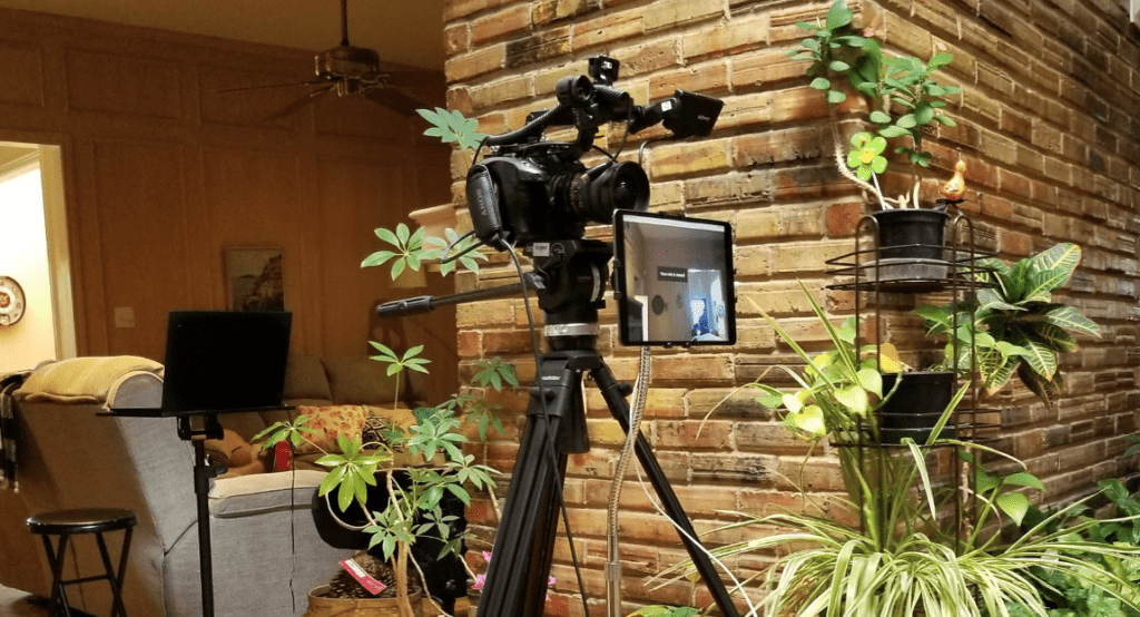A basic direct-to-camera setup using an iPad on a stand.